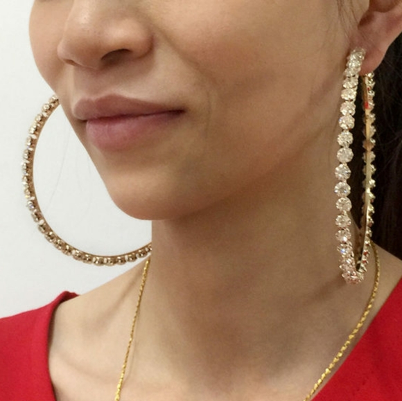 Gold Crystal Geometric Bling Round Hoop Earrings - Picture 2 of 5